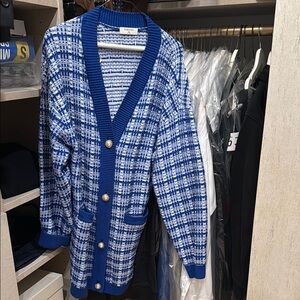 Blue and White Plaid Cardigan with Gold Buttons
